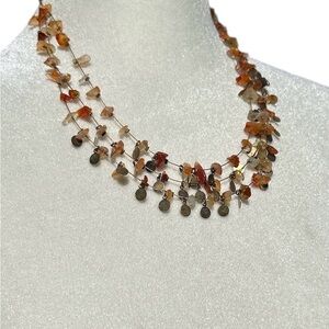 Handmade Necklace Stone Chip 3 Multi-Strands Layered Gold-Toned